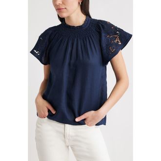 Caslon Embroidered Cutwork Linen Popover Top in Navy at Nordstrom Rack, Size Xx-Small