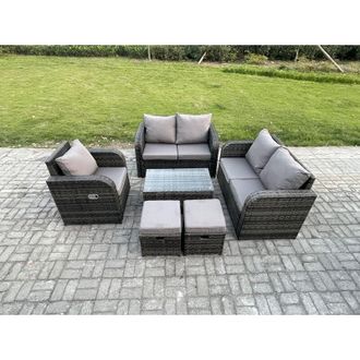 Fimous High Back Rattan Garden Furniture Set with Loveseat Sofa Rectangular Coffee Table 2 Small Footstools Indoor Outdoor Patio Lounge Sofa Set Dark Grey