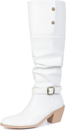 Generic Womens Slouchy Pointed Toe Faux Leather Knee High Boots Buckle Strap Chunky Heel Boots Stylish Comfortable For Fashion Party Daily,White,3.5 UK