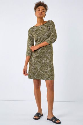 Roman Paisley Print Pocket Shift Stretch Dress