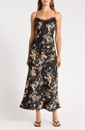 Socialite Lace Trim Satin Midi Dress in Black/Golden at Nordstrom, Size X-Large