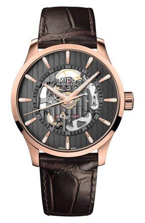 Mido Multifort Skeleton Vertigo Rose Gold Tone Automatic Leather Strap Watch, 42mm in Black at Nordstrom
