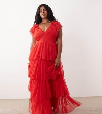 Lace & Beads Plus Vestito lungo a balze in tulle rosso con volant
