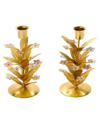 Two's Company Set Of 2 Tri-Flower Embellished Candleholders