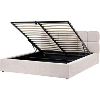 Beliani EU King Size Bed Light Beige Fabric 5ft3 Upholstered Frame Biscuit Headrest with Storage BASTON