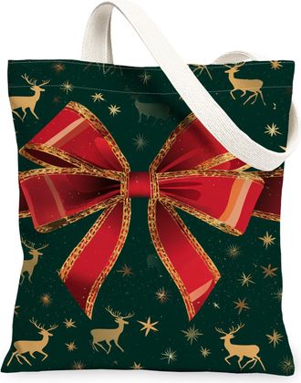 Generic Christmas Reindeer Canvas Tote Bags, Holiday Bow Print Reusable Grocery Bags, Festive Vintage Lightweight Washable Shoulder, Green, 13x15 Inch