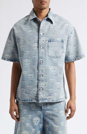 Alexander McQueen Skull Print Short Sleeve Denim Button-Up Shirt in Sapphire at Nordstrom, Size 42 Us