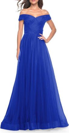 La Femme A-Line Tulle Prom Dress with Off the Shoulder Top in Royal Blue at Nordstrom, Size 12