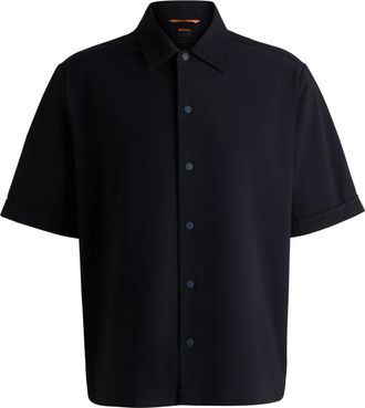 HUGO BOSS Short Sleeve Shirts, male, Blue, M, Seersucker Shirt with Press-Stud Closures