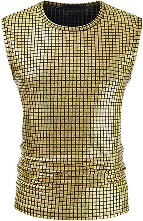 Generic MenS Loose Sleeveless Basketball Vest Top 2024 Nightclub Shirt Youth Cool Sequin Hot Gold Dance Dress Tank Top Mens Workout Tank Top Mens Vest (Gold, 