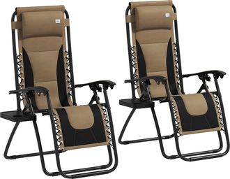 OUTSUNNY 2 Pcs Zero Gravity Lounger Folding Recliner Chair W/ Cup Holder - Brown | TJ Hughes
