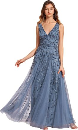 Ever-pretty Womens Evening Dresses Gorgeous A Line Sequin Embroidered Deep V-Neck Prom Dress Bridesmaid Dusty Navy 10UK
