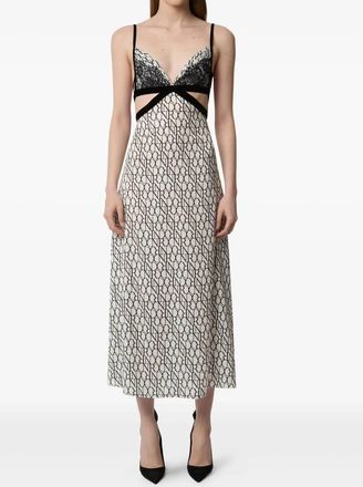 Nina Ricci All-Over Logo Print & Lace Insert Midi Dress With Fine Straps In Cream/noir