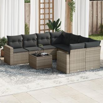 vidaXL Set De Muebles De Jard&iacute;n 9 Pzas Y Cojines Rat&aacute;n Sint&eacute;tico Gris Vidaxl