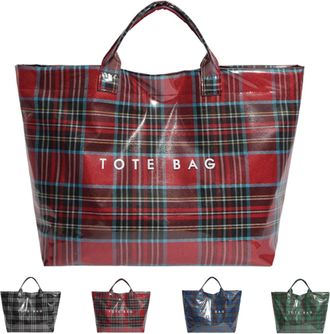 Generic Christmas Plaid PVC Tote Bag for Women,Spacious Letter Print Handbag with Top Handle, Shopping Work Handbag Gift (Red)
