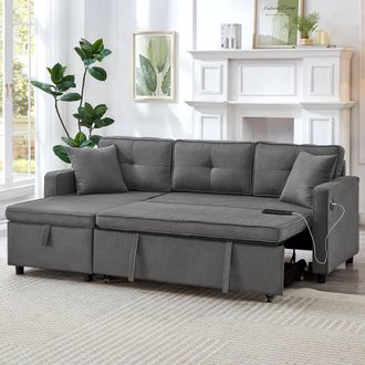 Merax L-Shaped Pull Out Sofa Bed with Drop-Down Table, Charging Ports in Grey