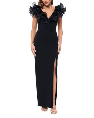 Aqua Scuba Crepe Ruffled Slit Gown In Black
