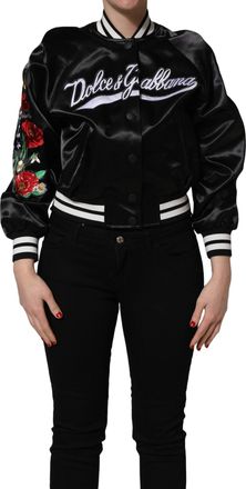 Dolce & Gabbana Womens Black Satin Floral Embroidery Bomber Jacket Cotton Nylon Polyester Clothing