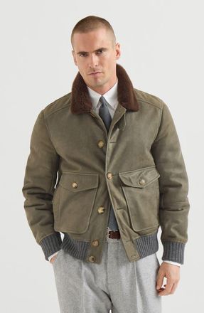 Brunello Cucinelli Waxed shearling bomber jacket with shearling collar in Military at Nordstrom, Size Xxx-Large