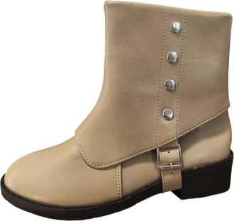 Generic 2026 Womens Mid Calf Boots Fashion Round Toe Slip On Chunky Block Heel Booties Comfortable Casual Winter Shoes for Women (Beige, 6.5)