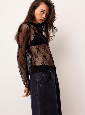 Twik Womens Stripes and flowers lace mock-neck T-shirt