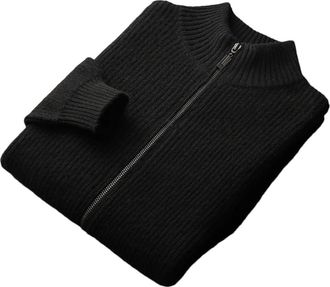 Generic 100% Merino Wool Zipper Sweater Mens Standing Collar Full Zip Cardigans Solid Loose Thick Sweater Black XL