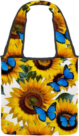 Generic Blue Butterflies Sunflower Reversible Canvas Shoulder Tote - Double-Sided Print, 12oz Cotton, 27cm Drop, Fold-Flat Bag for Travel, Shopping, Street Ou