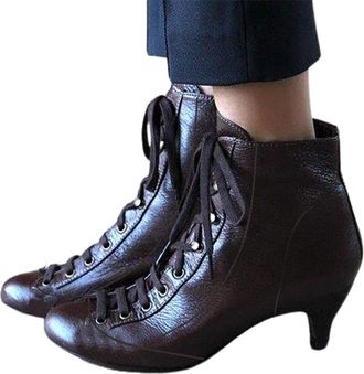 Generic Boots for Women Foreign Trade Womens Boots Autumn and Winter Solid Color Tie Up Middle Heel Short (Brown, 5.5)