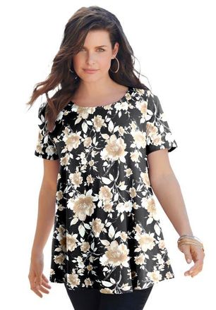 Roaman's Plus Size Ultimate Cotton Crewneck Short Sleeve Swing Tee in Camel Watercolor Rose at Nordstrom, Size Medium