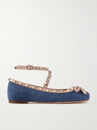 Valentino Garavani Ballerine In Denim Con Finiture In Pelle E Raso Rockstud - Blu