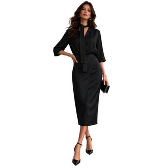 Simona Corsellini Midi Jurk met Hoge Hals en Strik - Dames - Casual kleedjes - Zwart - S - Kleedjes