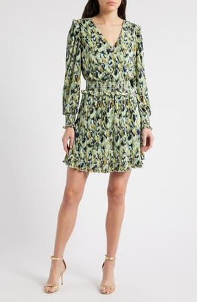 Chelsea28 Plissé Smocked Waist Long Sleeve Minidress in Blue- Green Textured Floral at Nordstrom Rack, Size Xx-Small