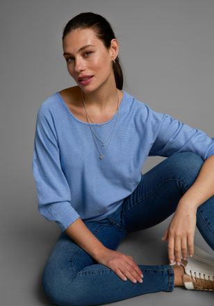 Laura Scott Fledermauspullover LAURA SCOTT, Damen, Gr. 32/34, blau (blau, melange), Feinstrick, Obermaterial: 70% Viskose, 30% Polyamid, unifarben, Basic, l&auml;ssig 