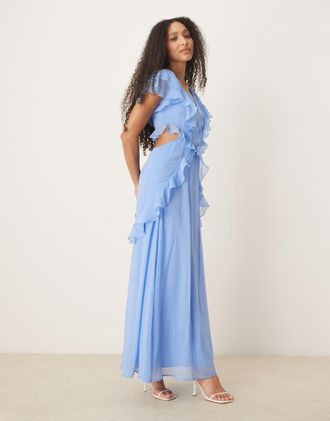 Asos Vestito midi blu fiordaliso con maniche con volant e cut-out