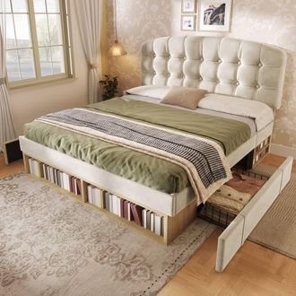 Merax 5FT Velvet Upholstered King Storage Bed with Adjustable Headboard in Beige