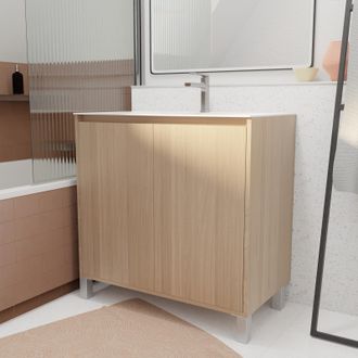 Aurlane Pack Mueble De Ba&ntilde;o 80 Cm Roble Claro 2 Puertas Con Lavabo De Cer&aacute;mica