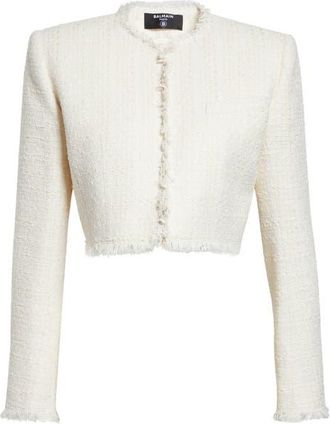 Balmain Crop Tweed Spencer Jacket in 0Fa White at Nordstrom, Size 12 Us