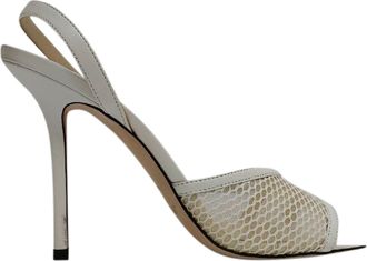 Jimmy Choo London Pre-owned Womens Mesh-Accent Slingback Sandal Heels in White Leather - Ecru - Size 37.5 EU/IT