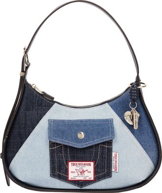 True Religion Color Block Denim Zip Top Hobo Bag with Signature Pocket Detail