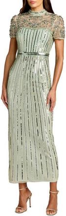 Mac Duggal Beaded Mesh Short Sleeve Mock Neck Midi Dress in Light Sage at Nordstrom, Size 10