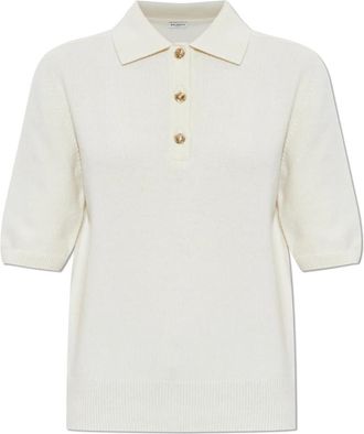 Balmain Wool Polo Shirt with Short Sleeves - Dames - V-hals truien - Beige - XS - Wol - Truien & Vesten