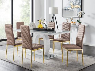 Furniturebox Giovani 6-Seater Grey Glass Dining Table & 6 Milan Faux Leather Dining Chairs in Beige