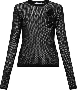 Ganni Gehaakte Top met Bloemmotief - Dames - Longsleeves - Zwart - M - Katoen - Tops