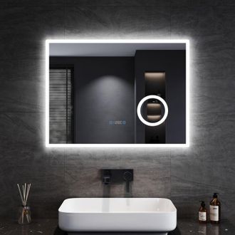 Sonni Specchio da Bagno led con Ingrandimento 3x e Illuminazione Specchio con Orologio Digitale Specchio da Bagno Antiappannamento 80x60cm - Sonni