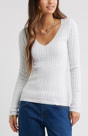 BP. Cable Stitch V-Neck Sweater in Grey Fog Heather at Nordstrom, Size Xx-Small