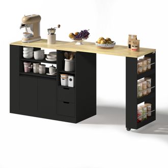 STILVORA Carro De Cocina Con 2 Cajones, 3 Estantes Y Encimera Giratoria Extensible, De Mdf, 115 X 50 X 92 Cm, Negro Natural