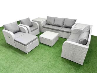 Fimous PE Rattan Garden Furniture Set Adjustable Chair Sofa Double Love Seat 2 Seater Sofa Lounge Set Square Coffee Table Big Footstool 2 Side Table