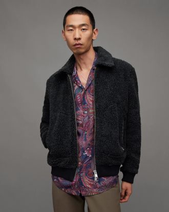 AllSaints Mens Wool Buzz Teddy Textured Bomber Jacket, Size: XXL