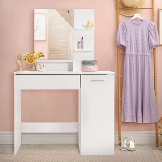 ML Design Ml-design Tocador De Maquillaje Blanco Moderno Con Espejo 90 X 38 X 138 Cm Tocador Con Caj&oacute;n Y Estantes Mueble Bajo Tablero De Aglomerado Revestido Md