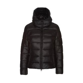 Save The Duck Jassen, Dames, Zwart, M, Leer, Gewatteerde jas met capuchon en logo